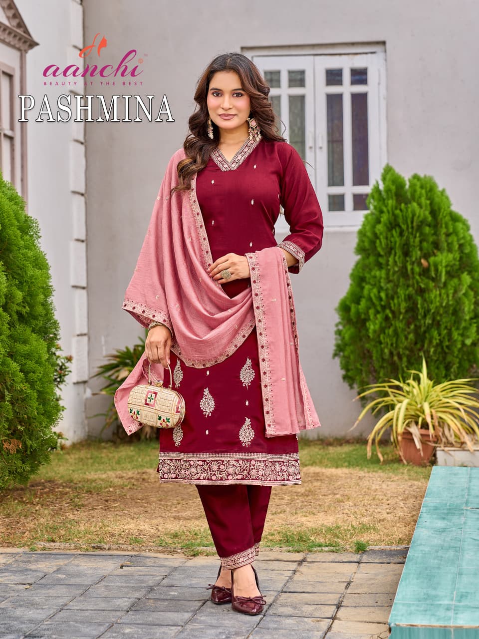 Pashmina Aanchi Vichitra Silk Readymade Pant Style Suits Wholesaler Gujarat