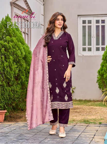 Pashmina Aanchi Vichitra Silk Readymade Pant Style Suits Wholesaler Gujarat