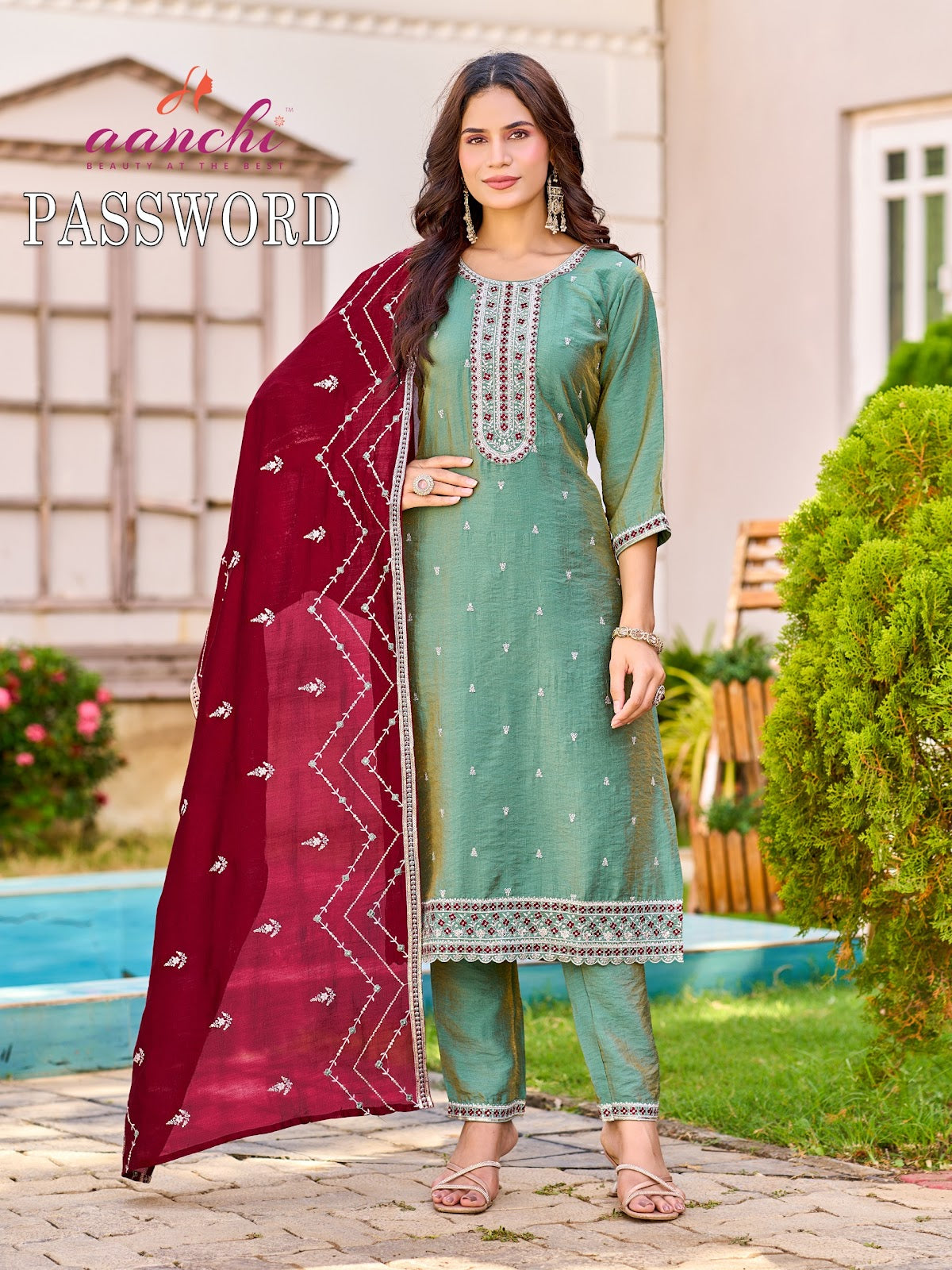 Password Aanchi Vichitra Shimmer Readymade Pant Style Suits Supplier India