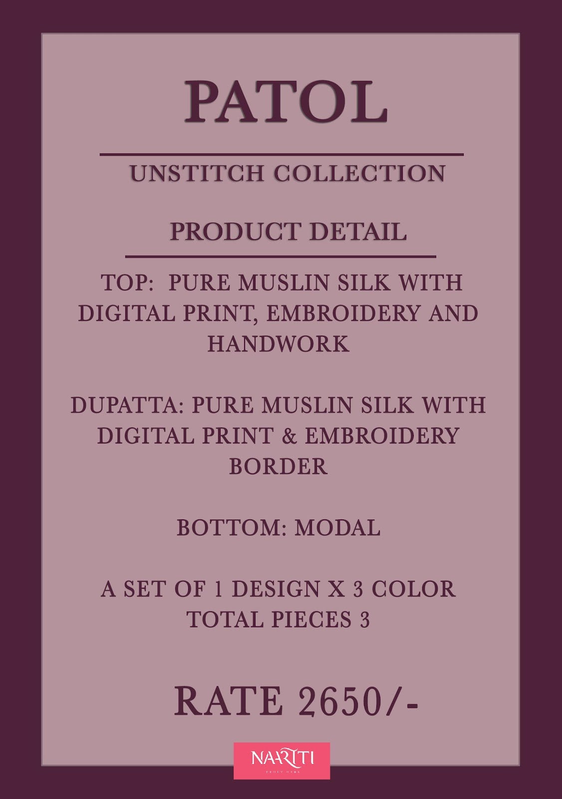 Patol Naariti Pure Muslin Pant Style Suits Wholesale Price
