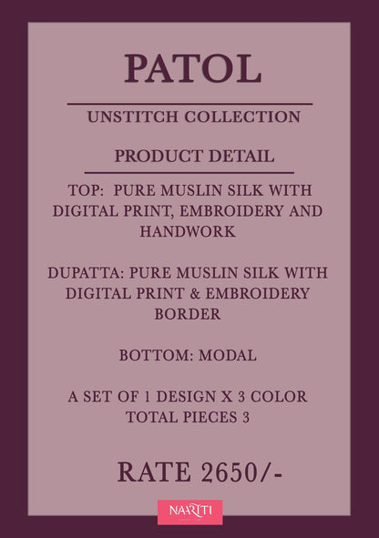Patol Naariti Pure Muslin Pant Style Suits Wholesale Price