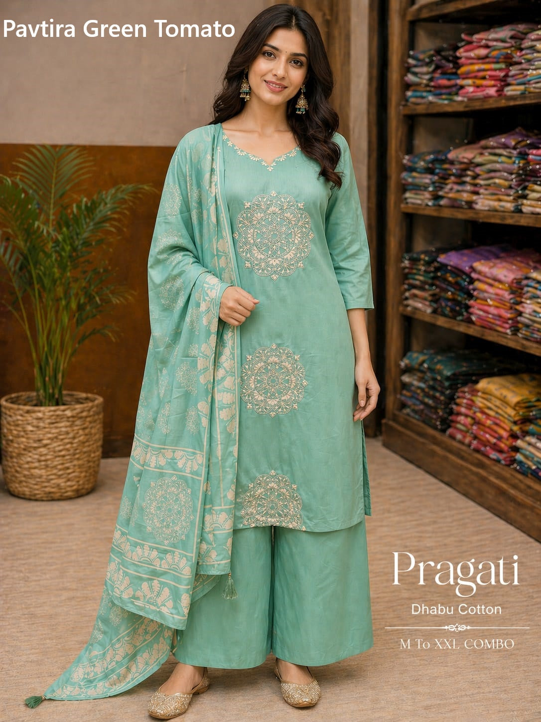Pavtira Green Tomato Dhabu Cotton Readymade Plazzo Style Suits Supplier