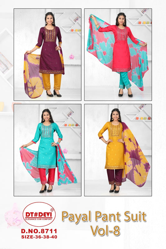 Payal Vol 8 8711 Dt Devi Roman Silk Readymade Pant Style Suits Exporter India
