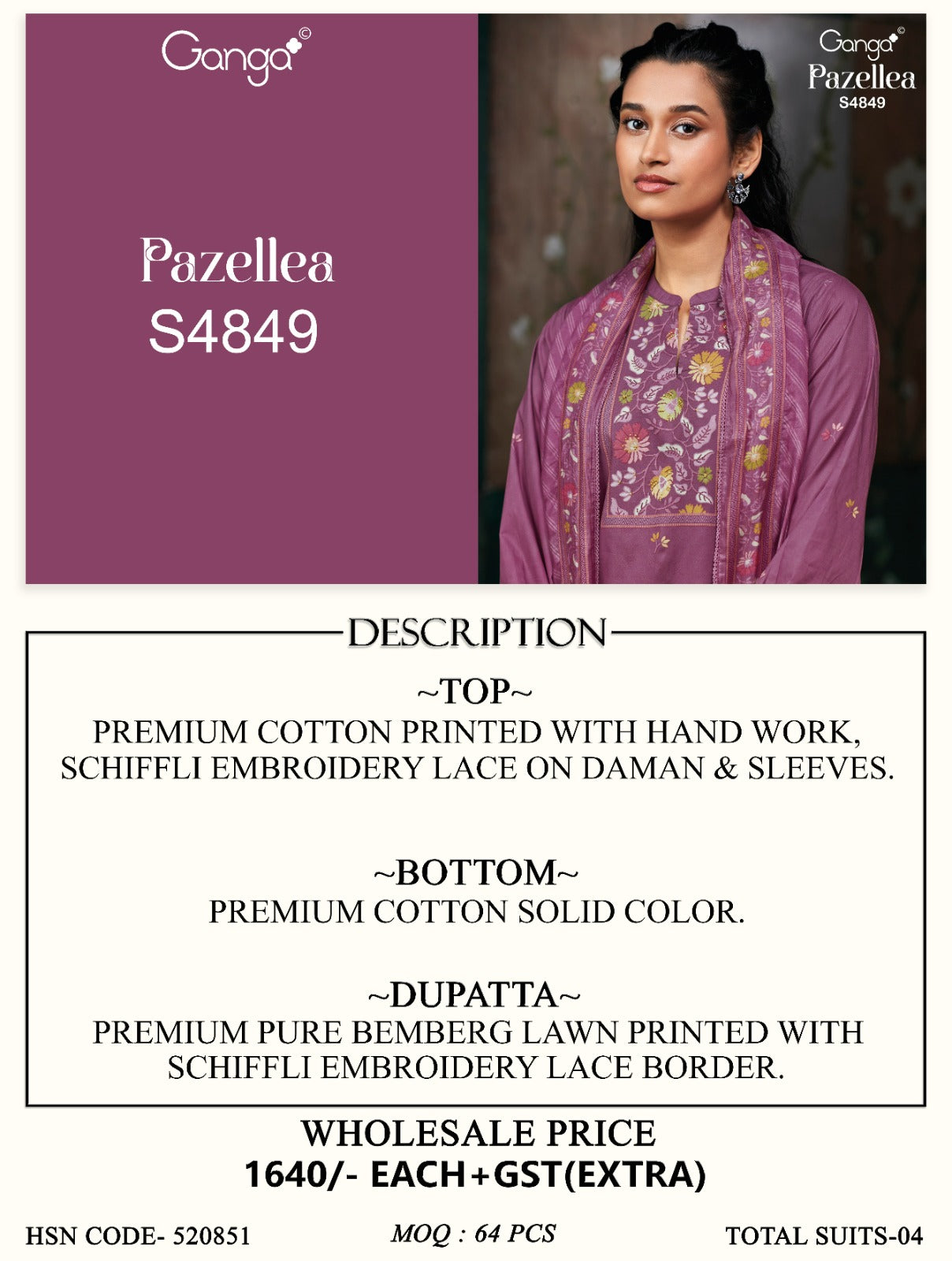 Pazellea S4849 Ganga Cotton Plazzo Style Suits Exporter India