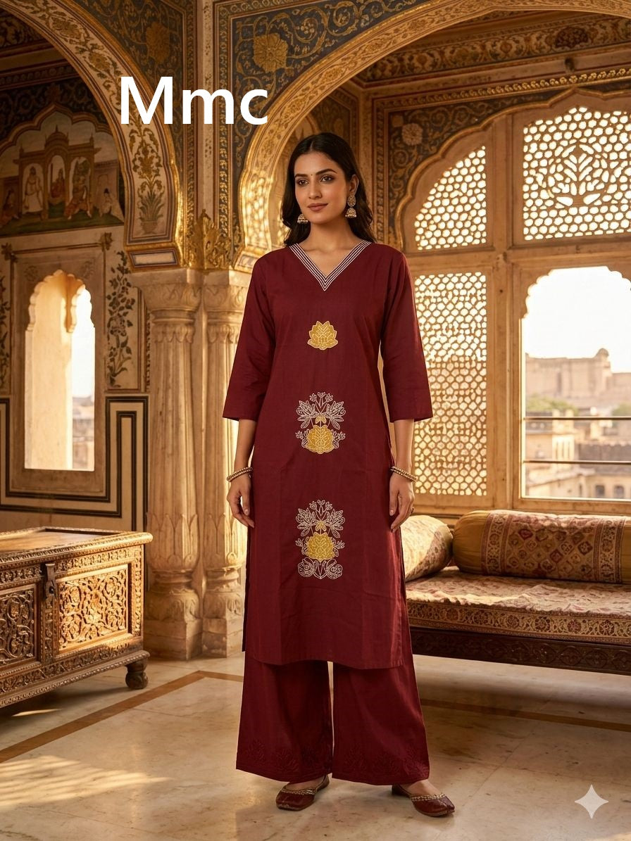 Peach Flower Mmc Cotton Kurti Plazzo Set Wholesale Price