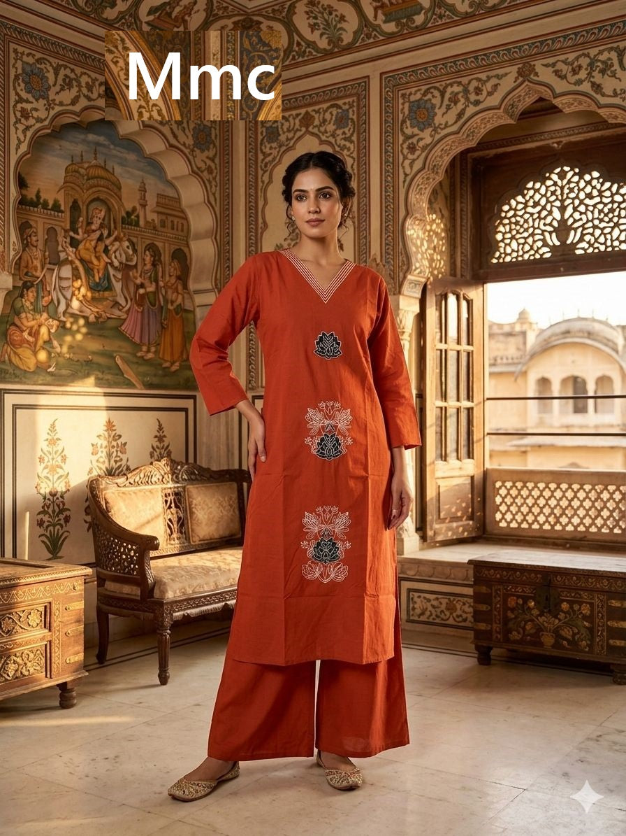 Peach Flower Mmc Cotton Kurti Plazzo Set Wholesale Price