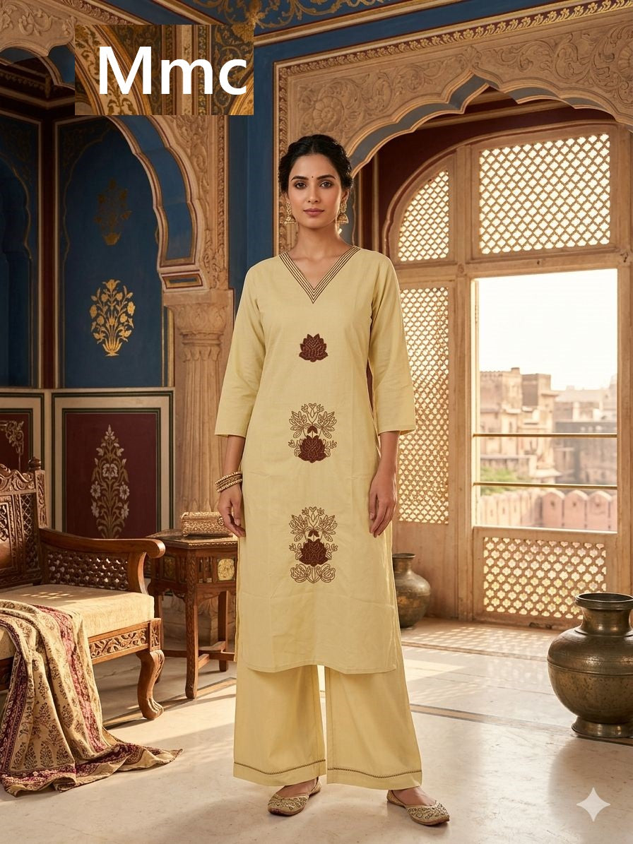 Peach Flower Mmc Cotton Kurti Plazzo Set Wholesale Price