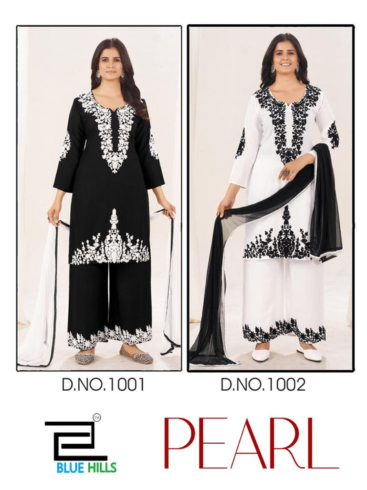 Pearl Black-White Blue Hills Rayon 14Kg Readymade Plazzo Style Suits Manufacturer