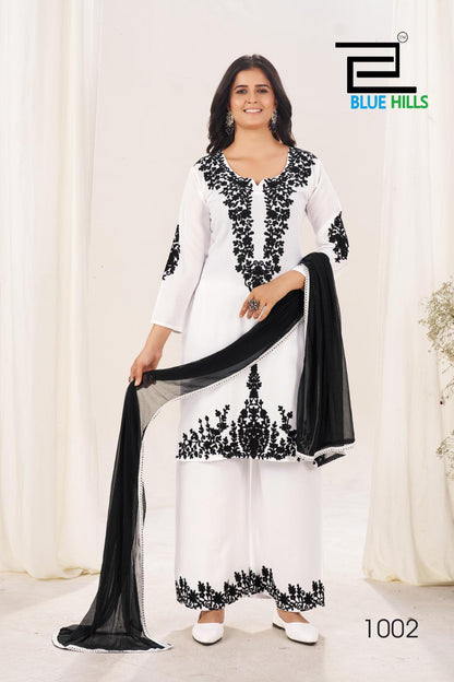 Pearl Black-White Blue Hills Rayon 14Kg Readymade Plazzo Style Suits Manufacturer