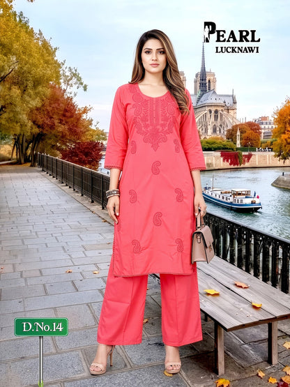 Pearl Lucknawi Prmnt Rayon Cotton Kurti Plazzo Set Manufacturer India