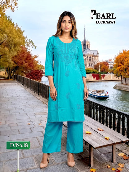 Pearl Lucknawi Prmnt Rayon Cotton Kurti Plazzo Set Manufacturer India