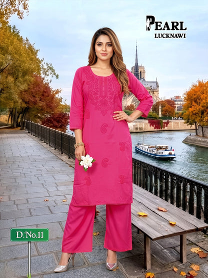 Pearl Lucknawi Prmnt Rayon Cotton Kurti Plazzo Set Manufacturer India