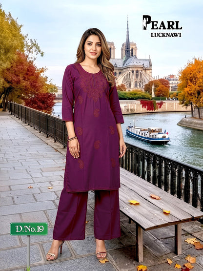 Pearl Lucknawi Prmnt Rayon Cotton Kurti Plazzo Set Manufacturer India
