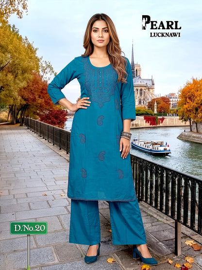 Pearl Lucknawi Prmnt Rayon Cotton Kurti Plazzo Set Manufacturer India