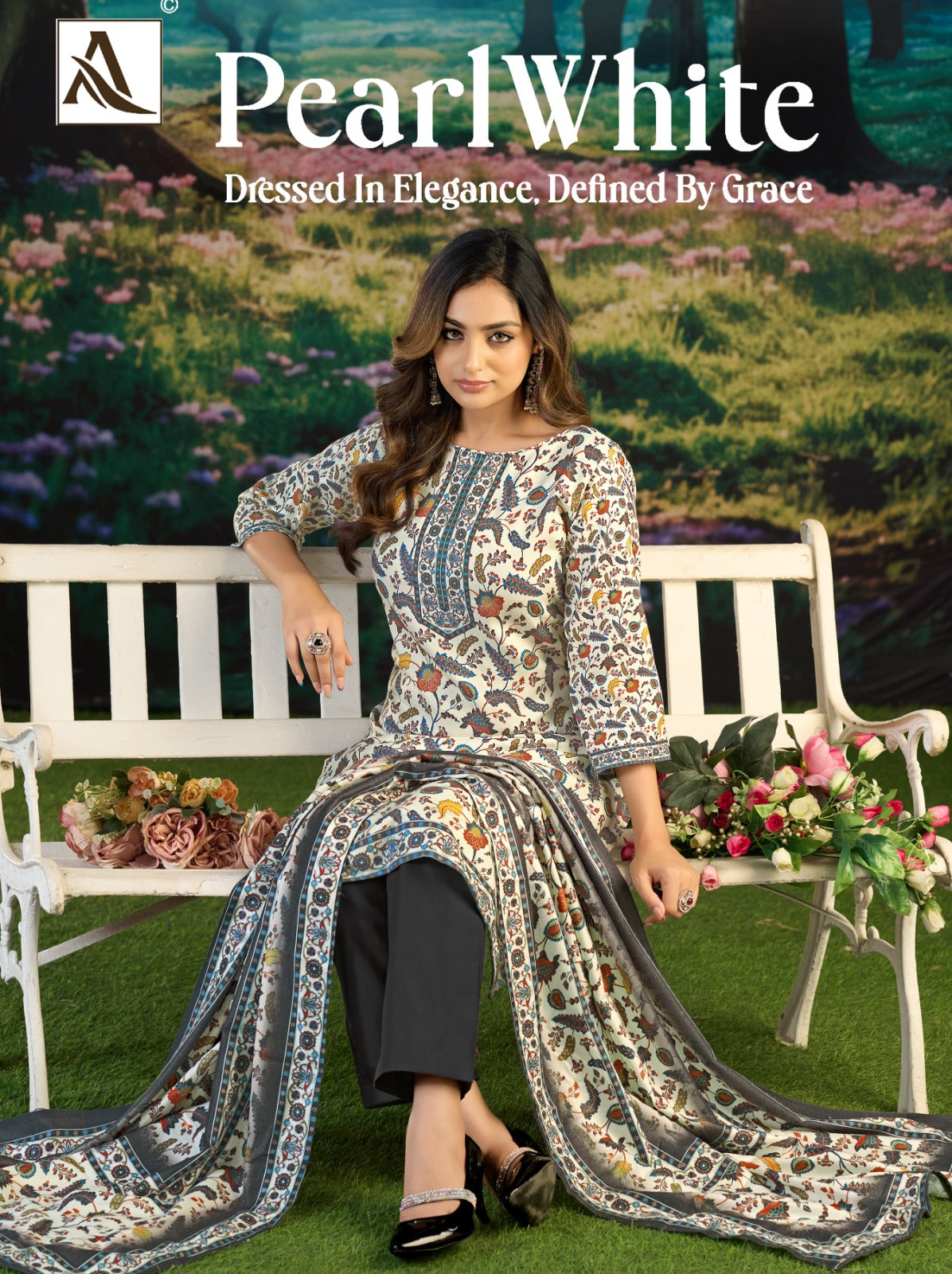 Pearl White Alok Viscose Pashmina Suits Wholesaler