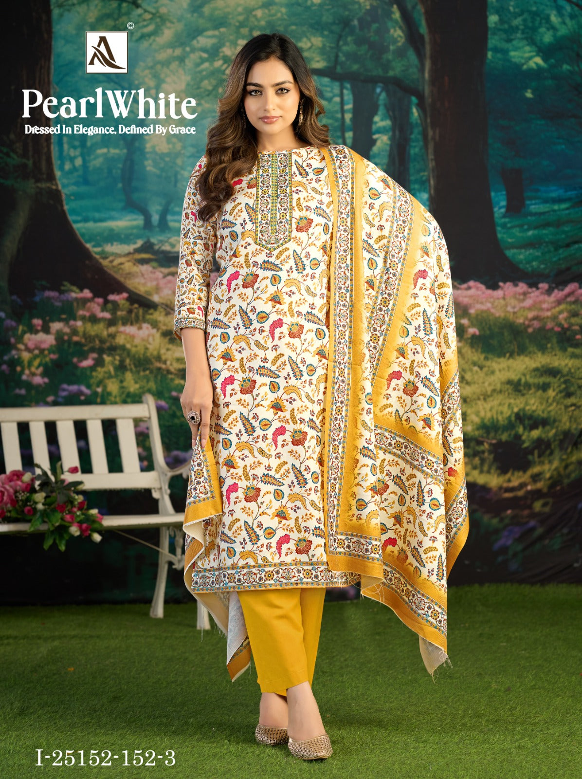 Pearl White Alok Viscose Pashmina Suits Wholesaler