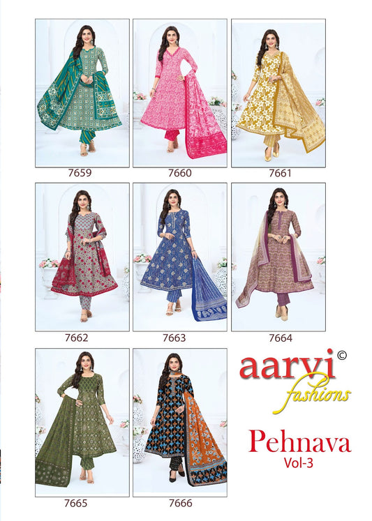 Pehnava Vol 3 Aarvi Fashions Cotton Readymade Anarkali Suits Supplier India