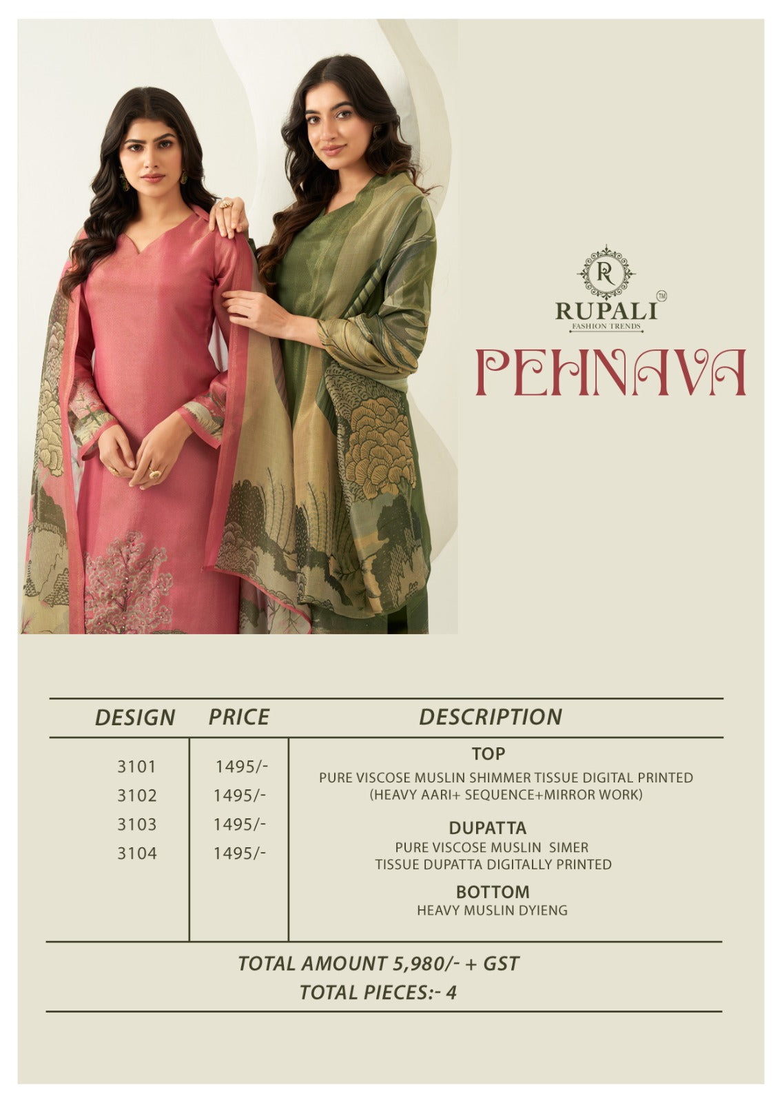 Pehnawa Rupali Pure Viscose Muslin Plazzo Style Suits Wholesale