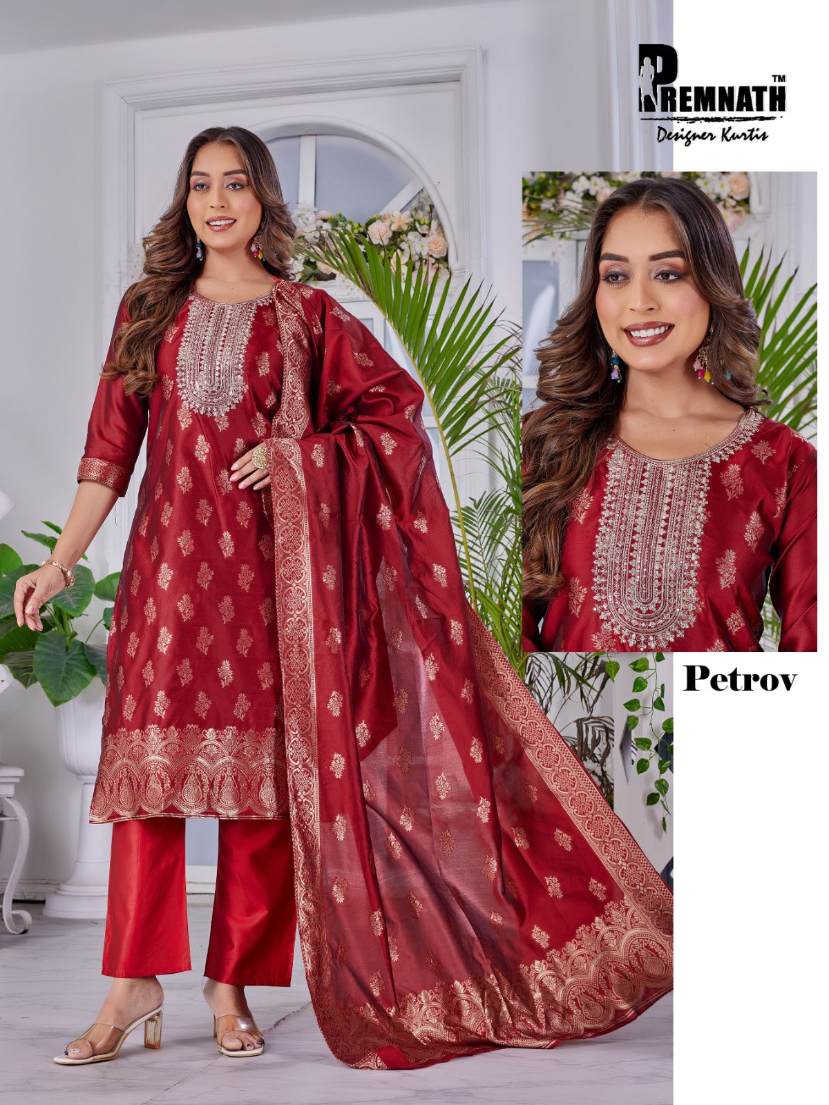 Petrov Premnath Jacquard Chanderi Readymade Pant Style Suits Exporter Ahmedabad