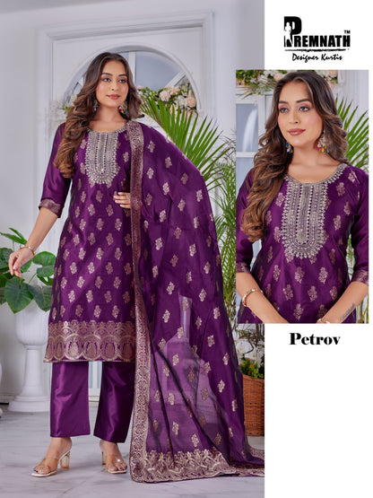 Petrov Premnath Jacquard Chanderi Readymade Pant Style Suits Exporter Ahmedabad