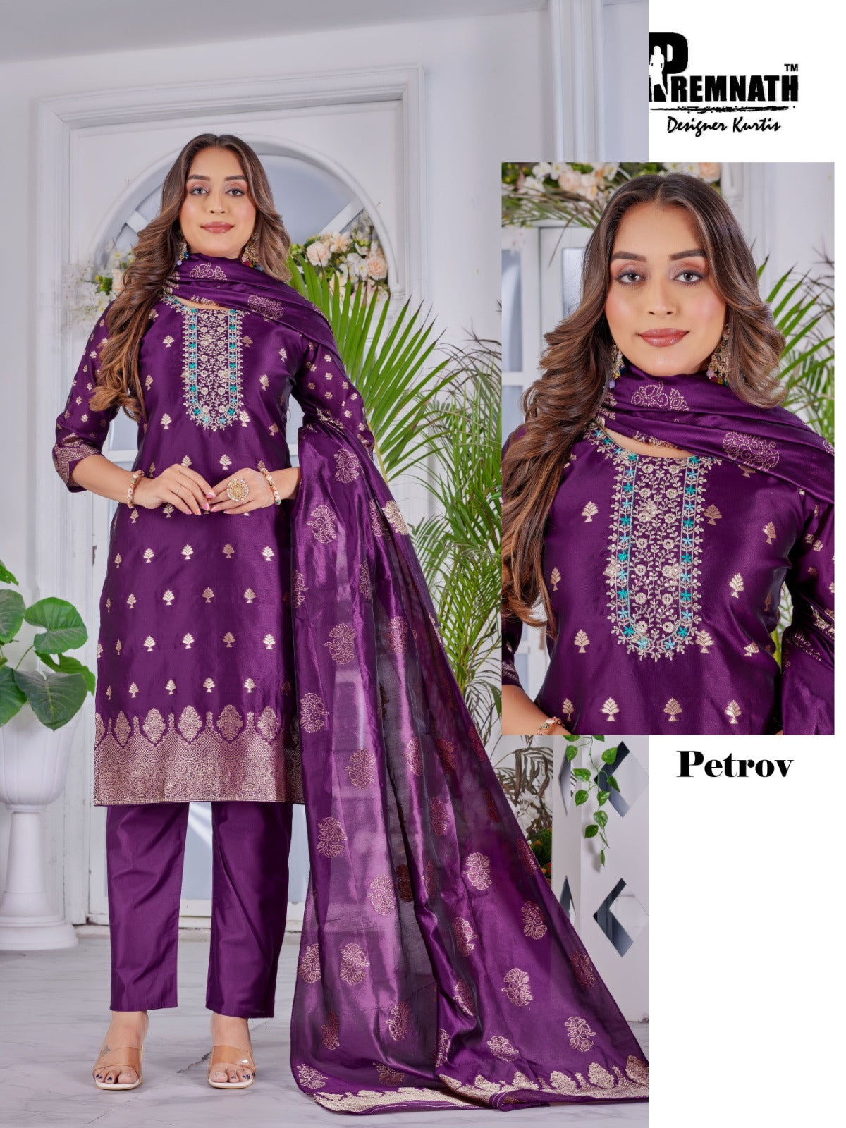 Petrov Premnath Jacquard Chanderi Readymade Pant Style Suits Exporter Ahmedabad