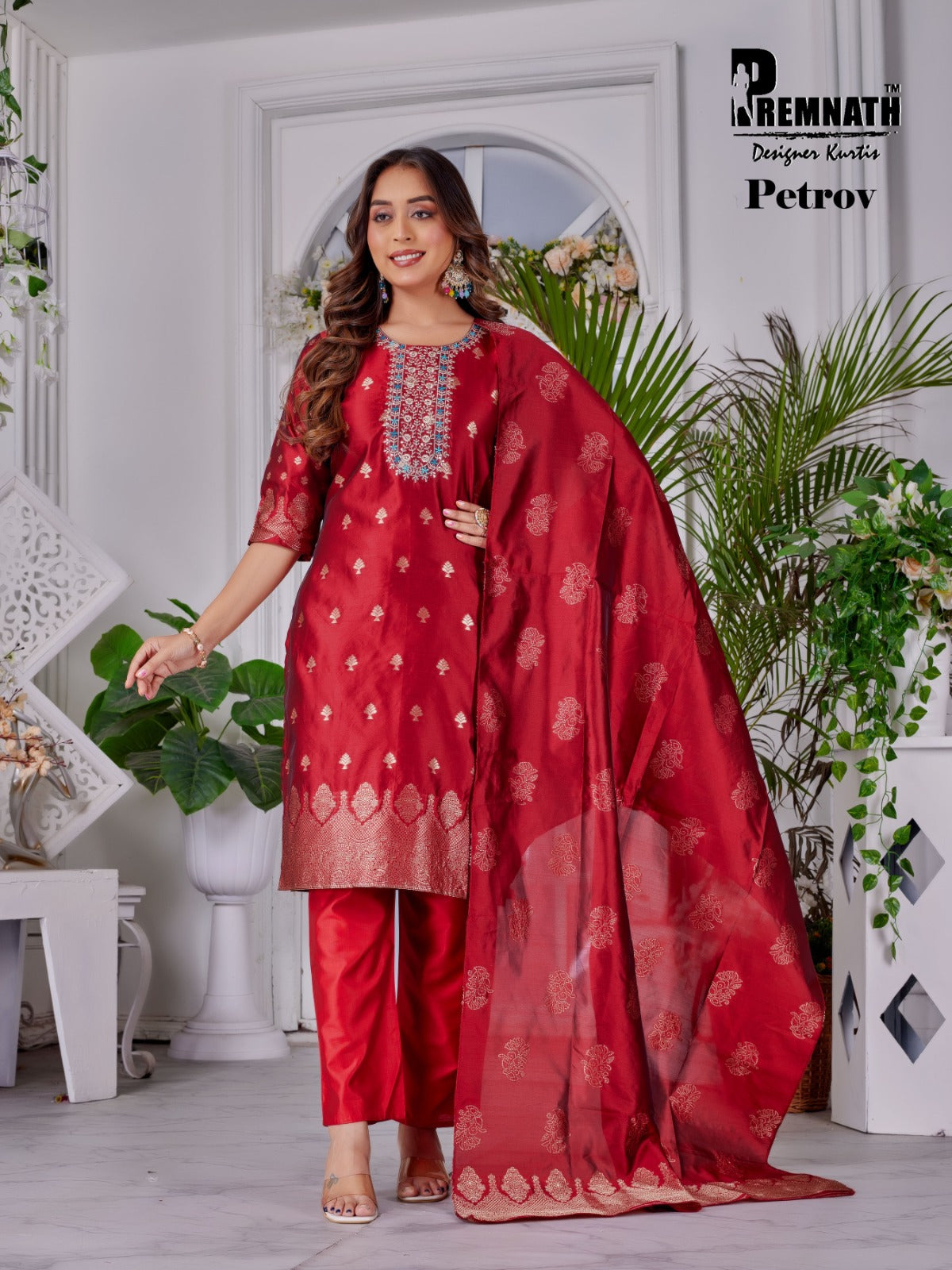 Petrov Premnath Jacquard Chanderi Readymade Pant Style Suits Exporter Ahmedabad