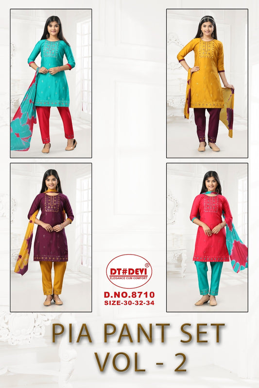 Pia Vol 2 8710 Dt Devi Roman Silk Girls Readymade Pant Suits Wholesaler India