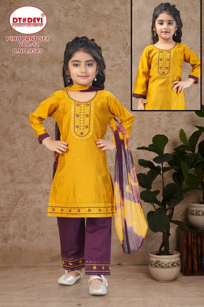 Pihu Vol 12 9549 Dt Devi Roman Silk Girls Readymade Pant Suits Manufacturer