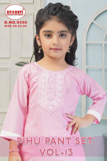 Pihu Vol 13 9550 Dt Devi Roman Silk Girls Readymade Pant Suits Supplier