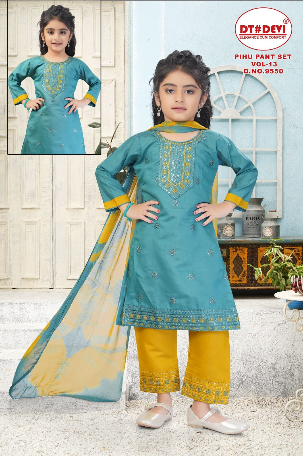 Pihu Vol 13 9550 Dt Devi Roman Silk Girls Readymade Pant Suits Supplier