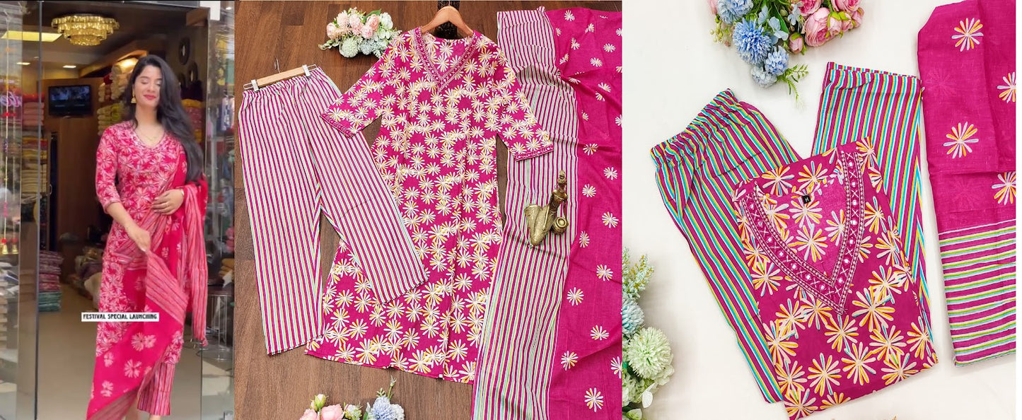 Pink-Yellow Qubo Cotton Readymade Pant Style Suits