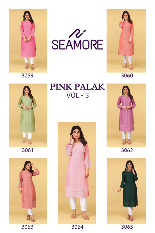 Pink Palak Vol 3 Seamore Georgette Straight Cut Kurtis Supplier Ahmedabad