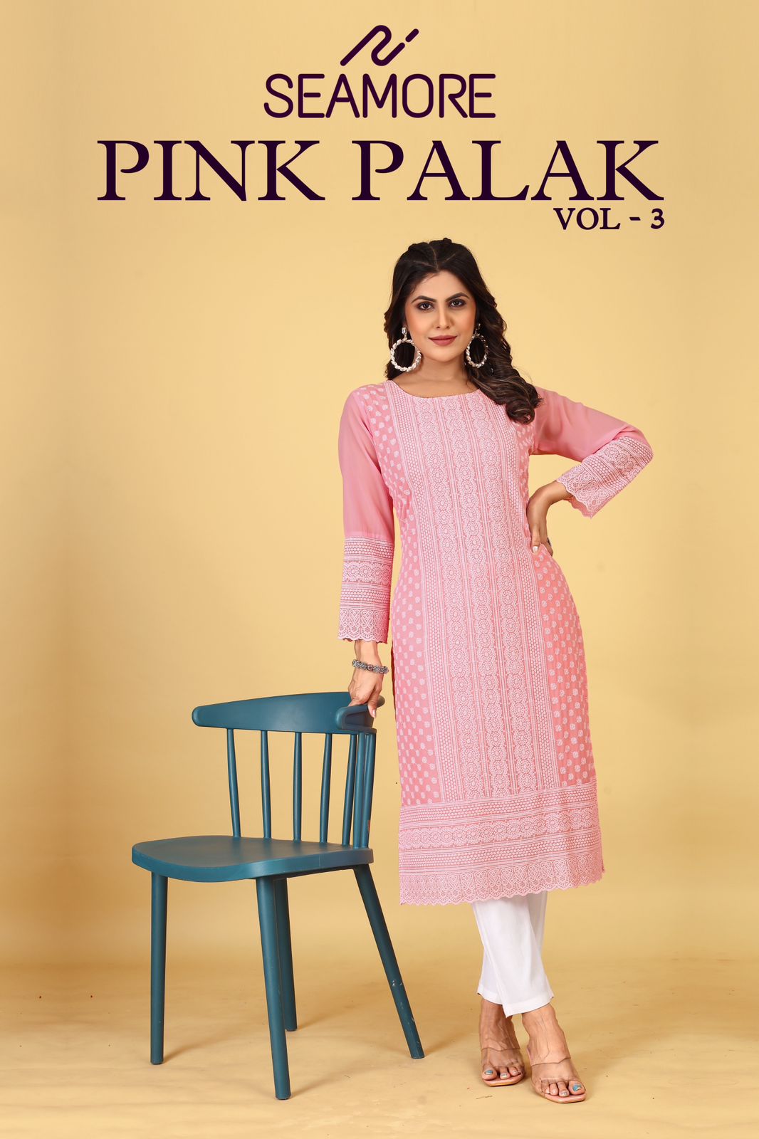 Pink Palak Vol 3 Seamore Georgette Straight Cut Kurtis Supplier Ahmedabad