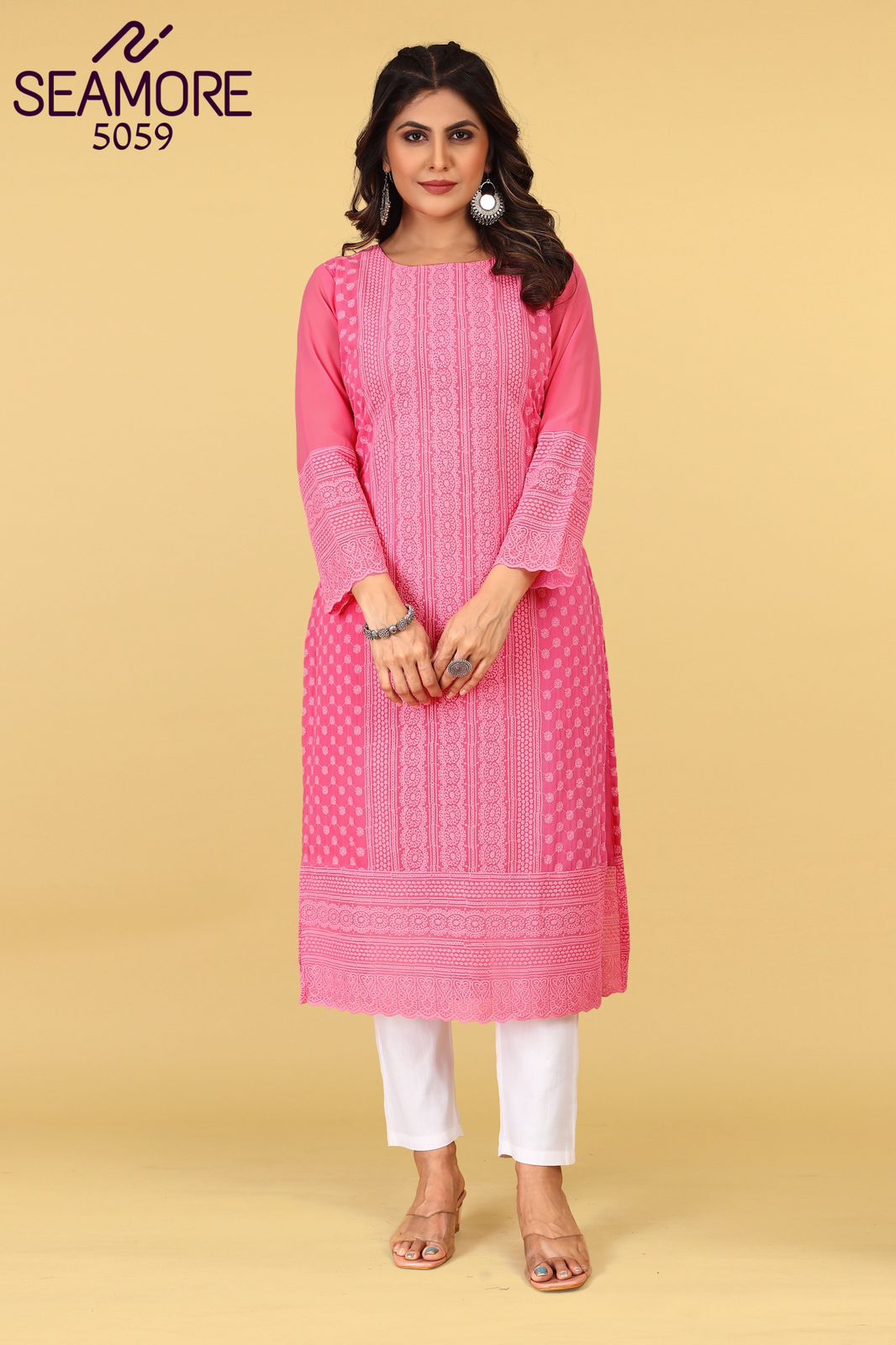 Pink Palak Vol 3 Seamore Georgette Straight Cut Kurtis Supplier Ahmedabad
