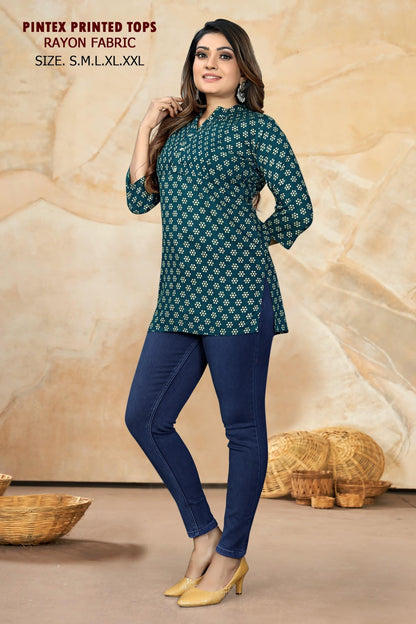 Pintex Work 261224 Sangeet Rayon Short Kurtis Wholesaler Gujarat