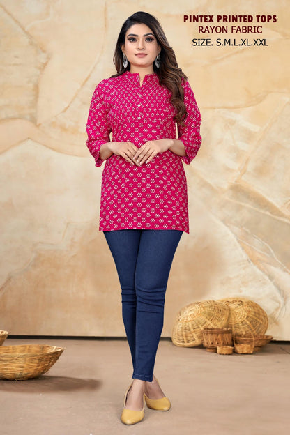 Pintex Work 261224 Sangeet Rayon Short Kurtis Wholesaler Gujarat
