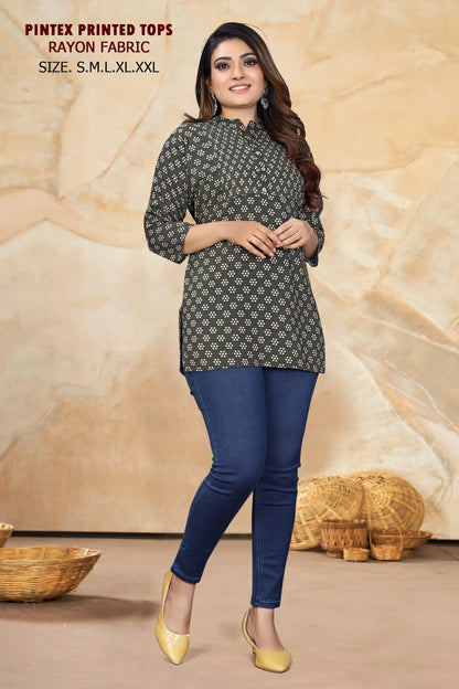 Pintex Work 261224 Sangeet Rayon Short Kurtis Wholesaler Gujarat