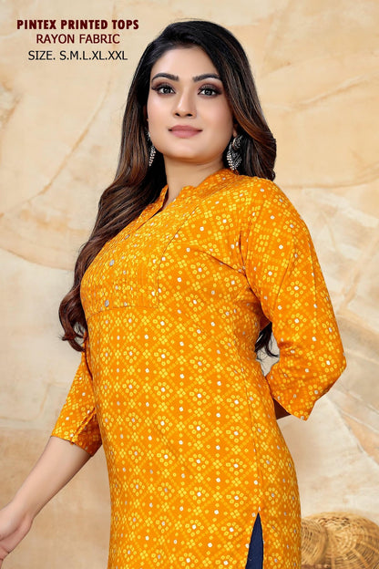 Pintex Work 261224 Sangeet Rayon Short Kurtis Wholesaler Gujarat