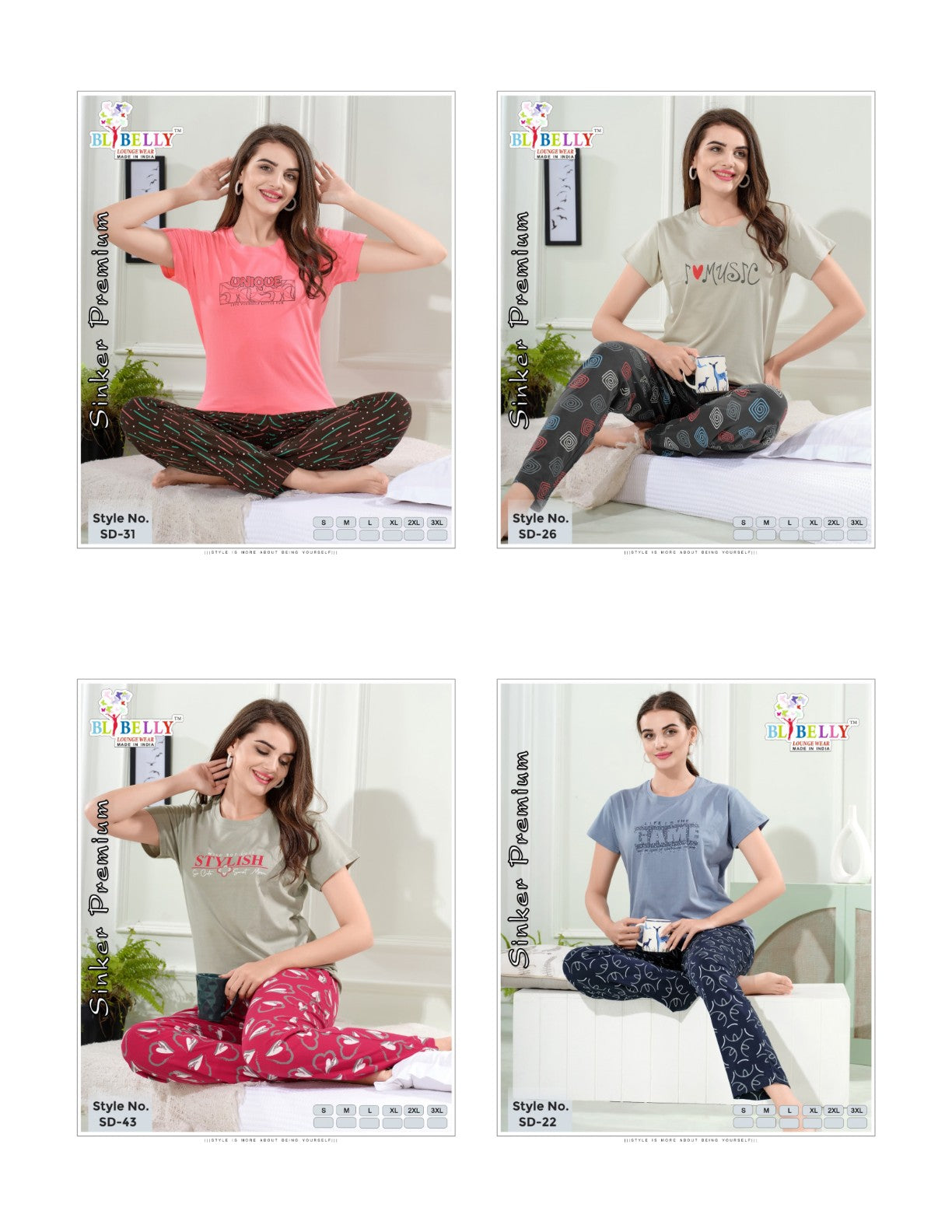 Plain-Print 051125 Belly Sinker Pyjama Night Suits Wholesale Price