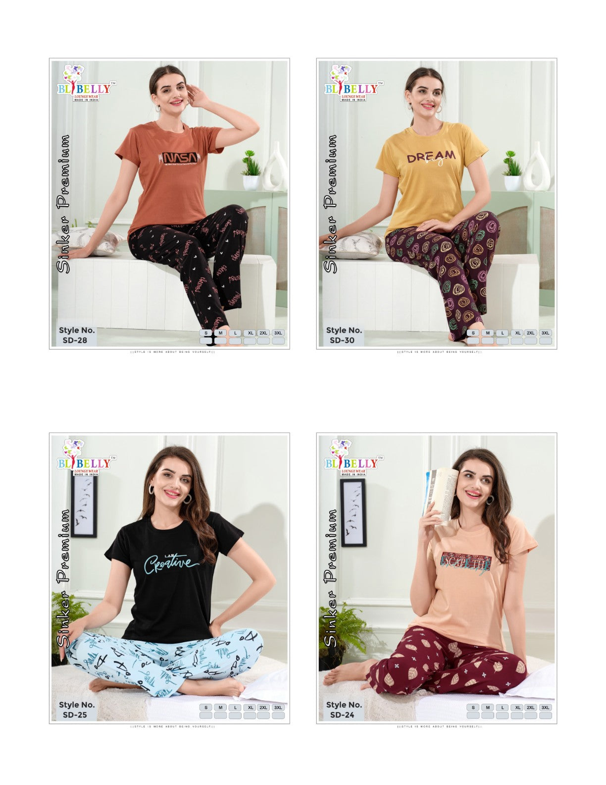 Plain-Print 051125 Belly Sinker Pyjama Night Suits Wholesale Price