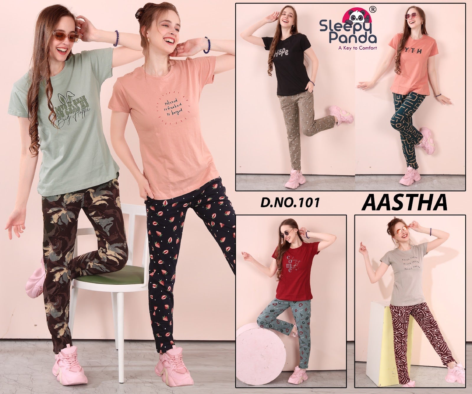 Plain-Print 101 Aastha Sleepy Panda Cotton Pyjama Night Suits Wholesaler India