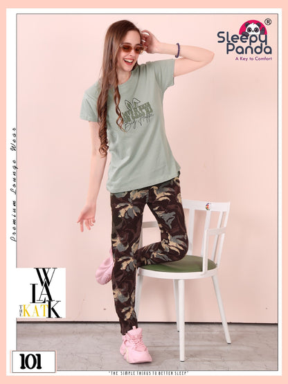 Plain-Print 101 Aastha Sleepy Panda Cotton Pyjama Night Suits Wholesaler India
