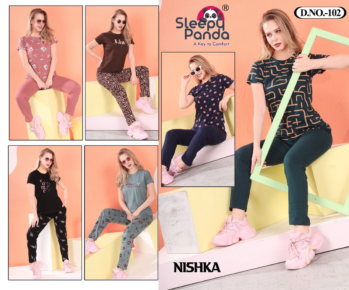 Plain-Print 102 Nishka Sleepy Panda Cotton Pyjama Night Suits Wholesale Price