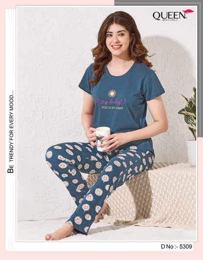 Plain-Print 1209 Queen Hosiery Cotton Pyjama Night Suits Exporter Gujarat
