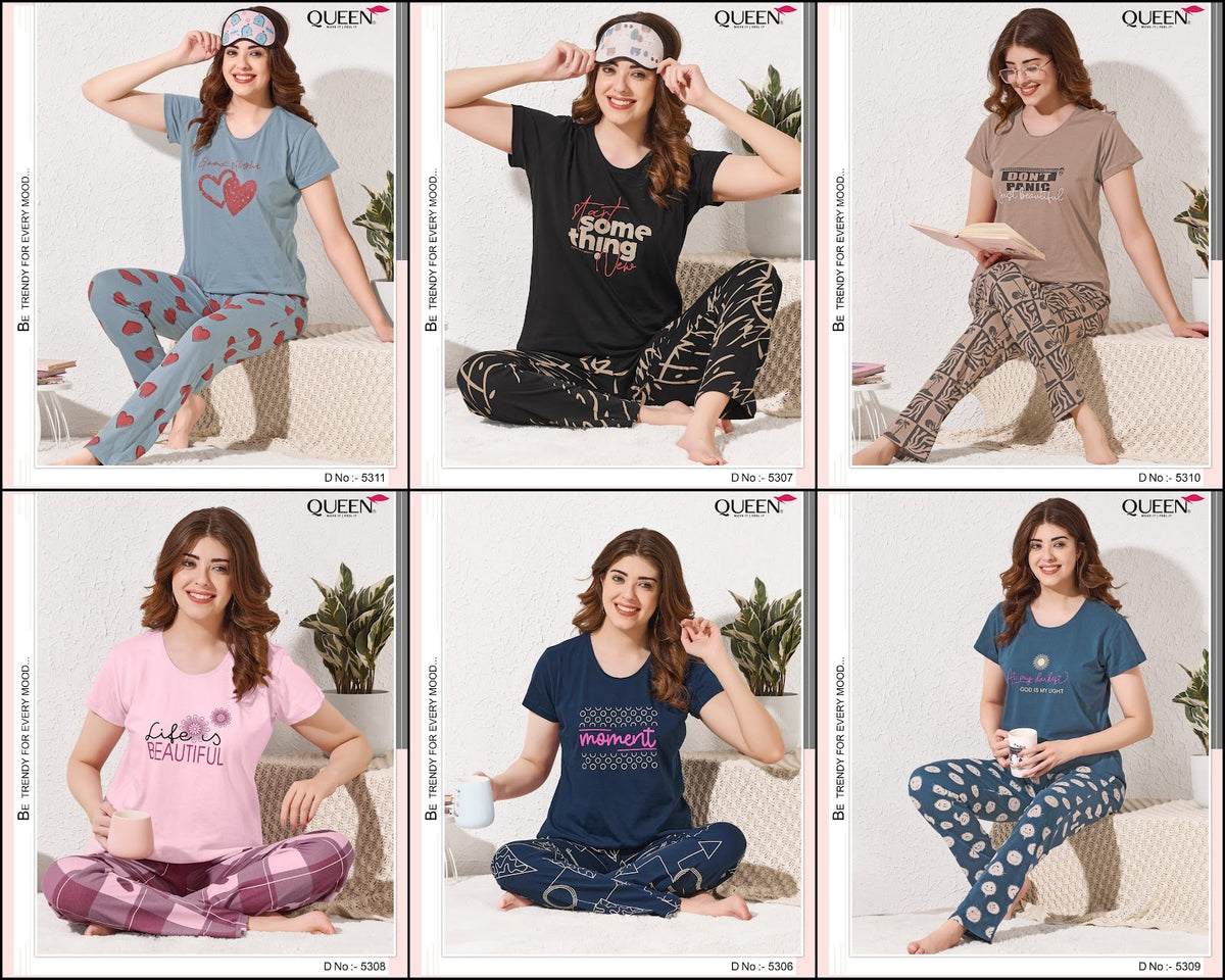 Plain-Print 1209 Queen Hosiery Cotton Pyjama Night Suits Exporter Gujarat