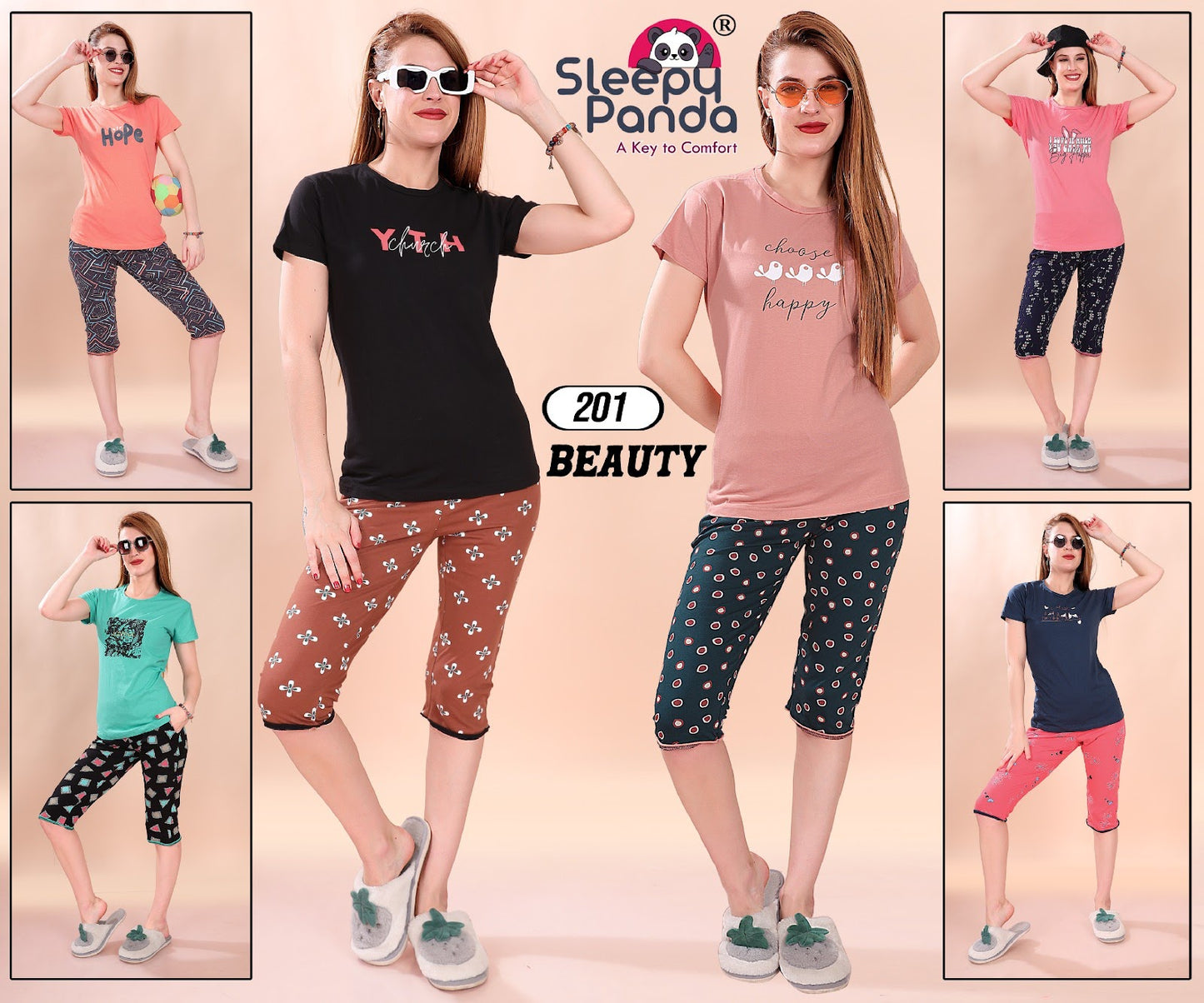 Plain-Print 201 Beauty Sleepy Panda Cotton Capri Night Suits Wholesale