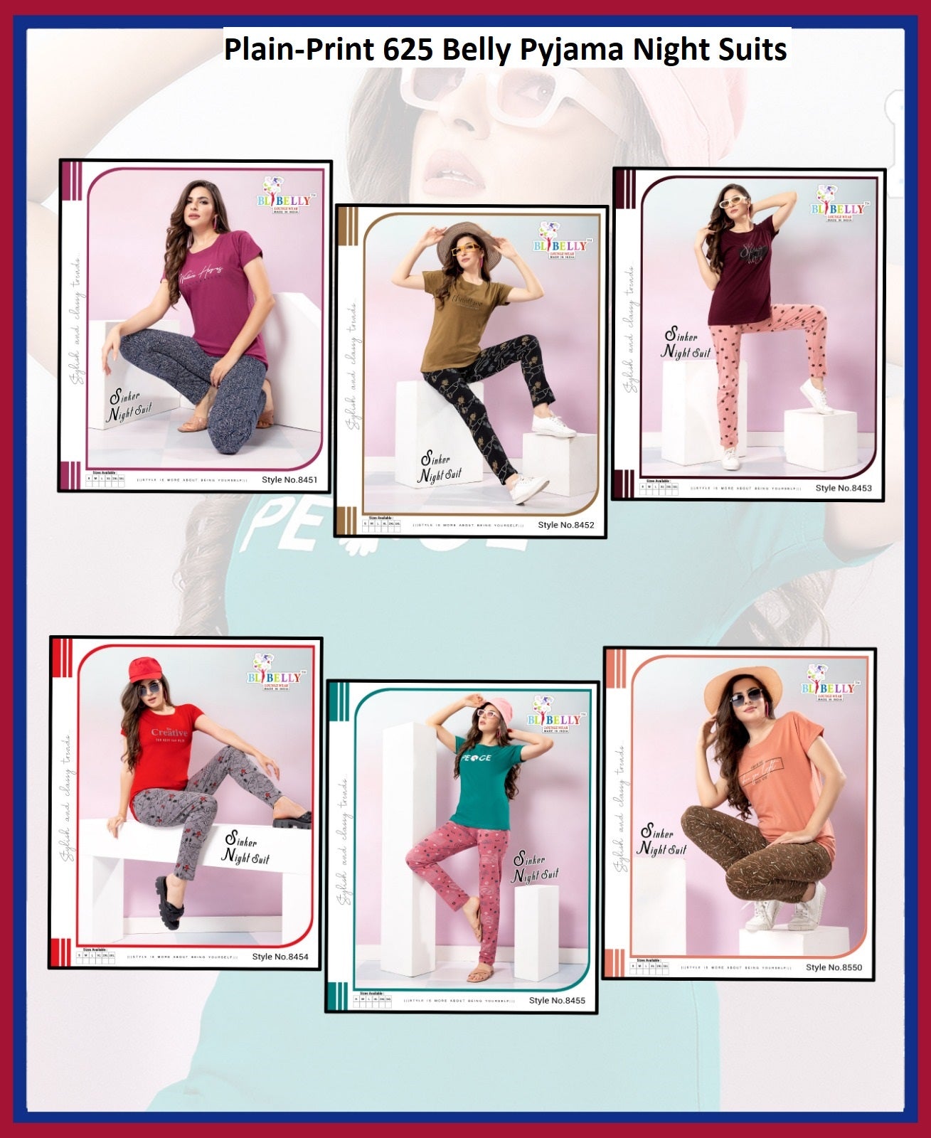 Plain-Print 625 Belly Sinker Pyjama Night Suits Wholesale Price