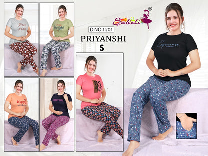 Plain-Print Design 1201 Priyanshi Saheli Sinker Pyjama Night Suits Wholesale Price