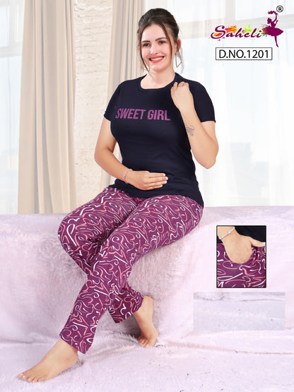 Plain-Print Design 1201 Priyanshi Saheli Sinker Pyjama Night Suits Wholesale Price