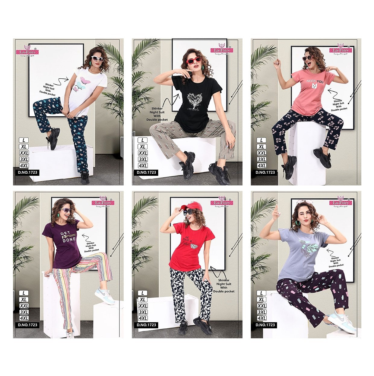 Plain-Print Design 1723 La Fairy Hosiery Sinker Pyjama Night Suits Wholesaler Ahmedabad